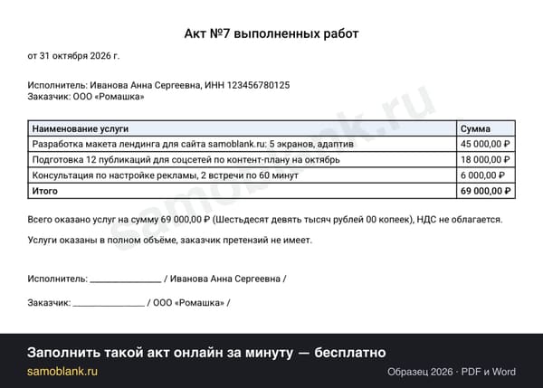 Образец акта выполненных работ самозанятого для ООО, 2026