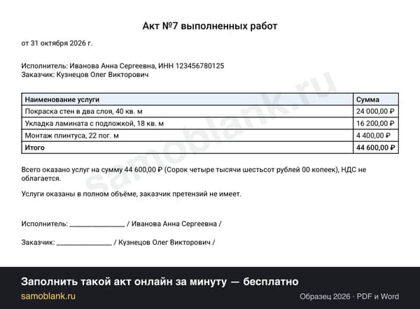 Образец акта выполненных работ самозанятого на ремонт квартиры